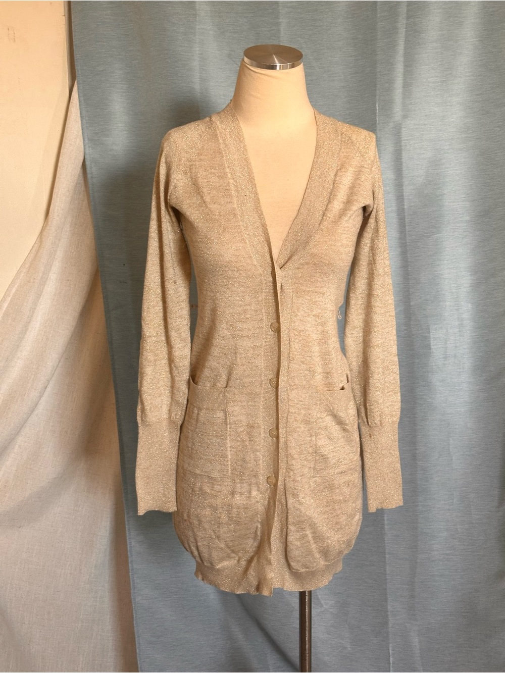 Diane Von Furstenberg Sparky Beige Longline V-Neck Cardigan Sweater